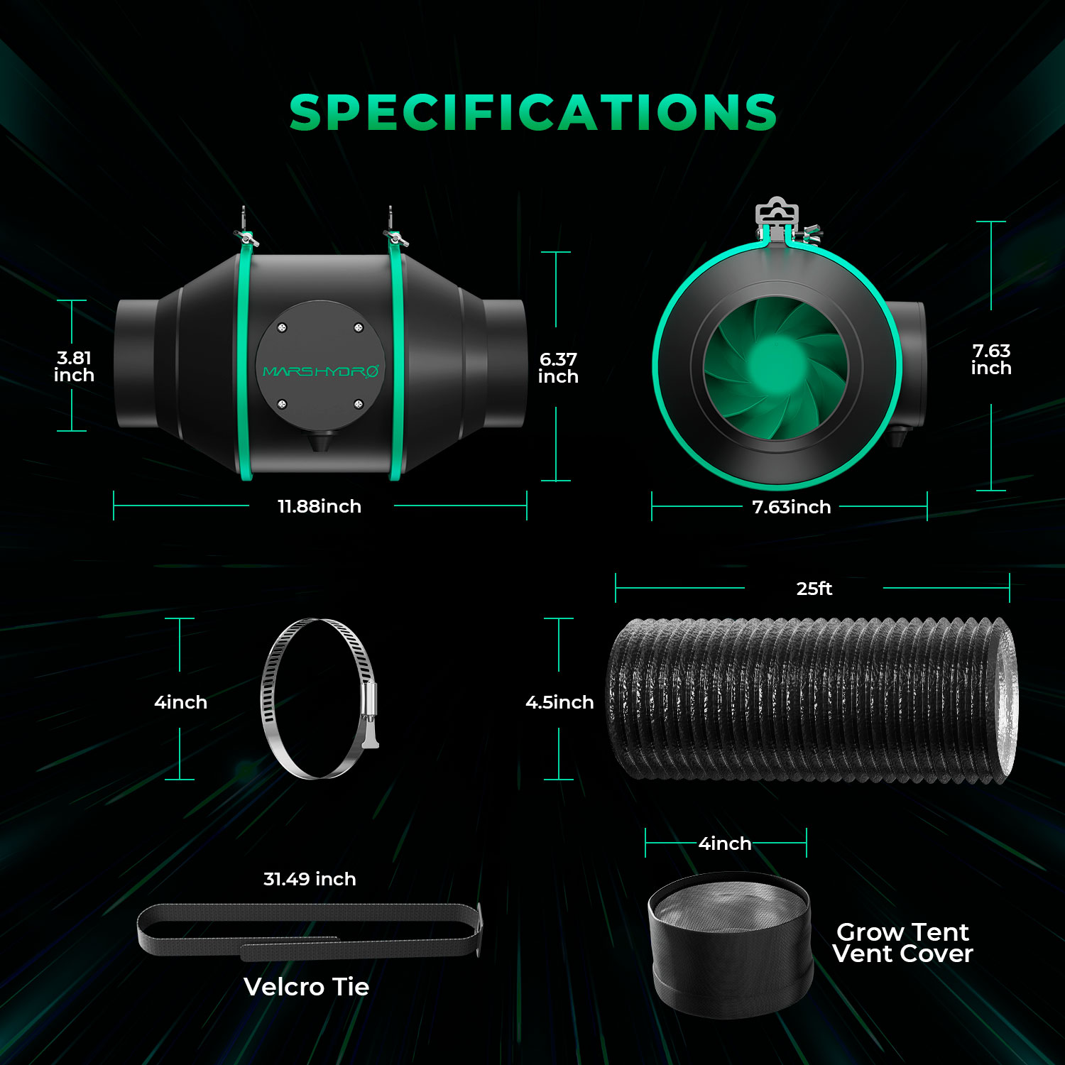 Mars Hydro 6 Zoll Inline-Lüfter und Kohlefilter Set mit Speed Controller